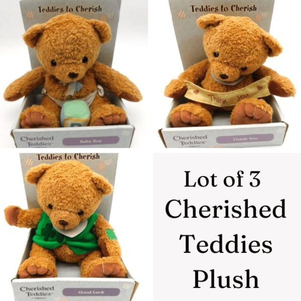 3 Enesco Cherished Teddies Baby Boy Thank You Good Luck Plush Teddy Bear in Box